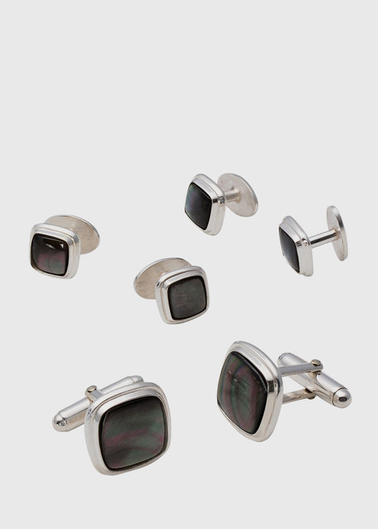 Square Smoked Mother of Pearl & Sterling Silver Stud Set - Paul Stuart Essential